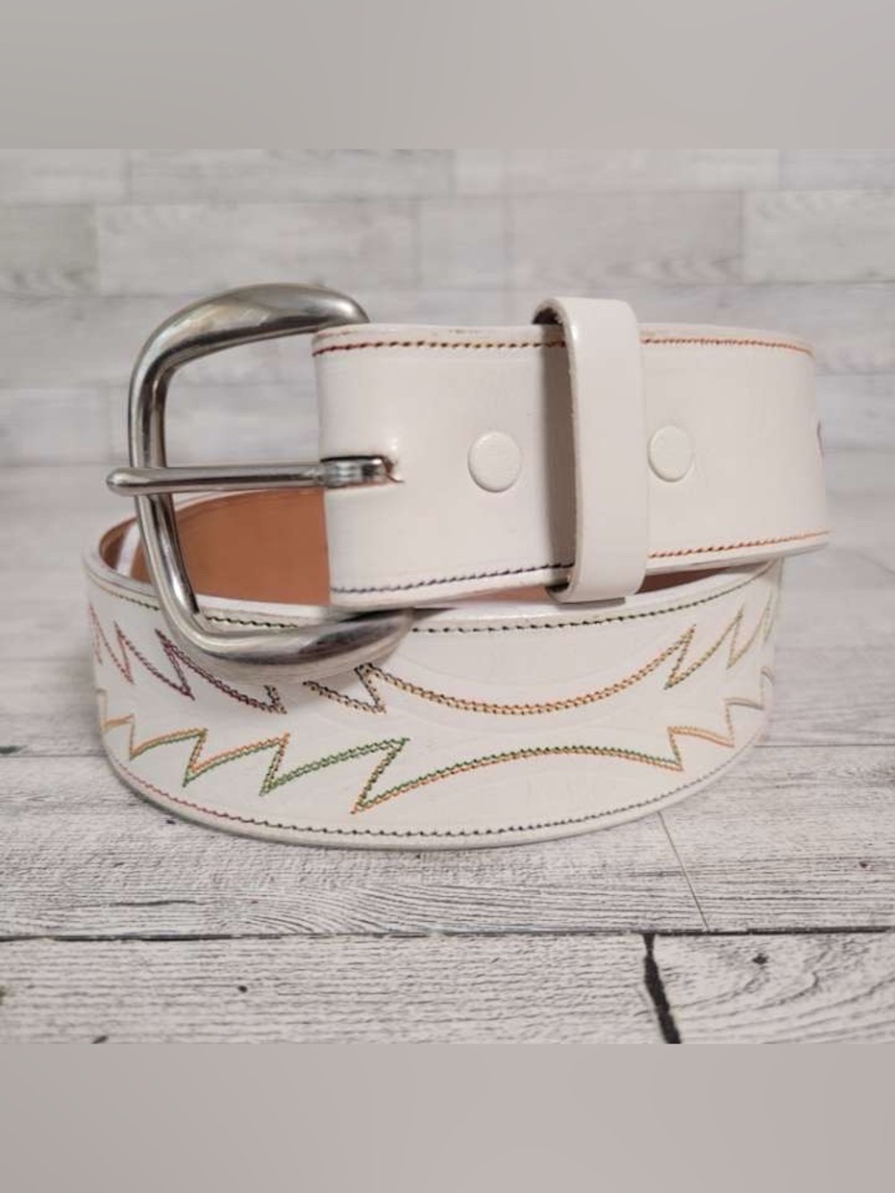 Women’s 32 Justin Western White Crazy Stich Rodeo Cowgirl Belt 90's Vintage